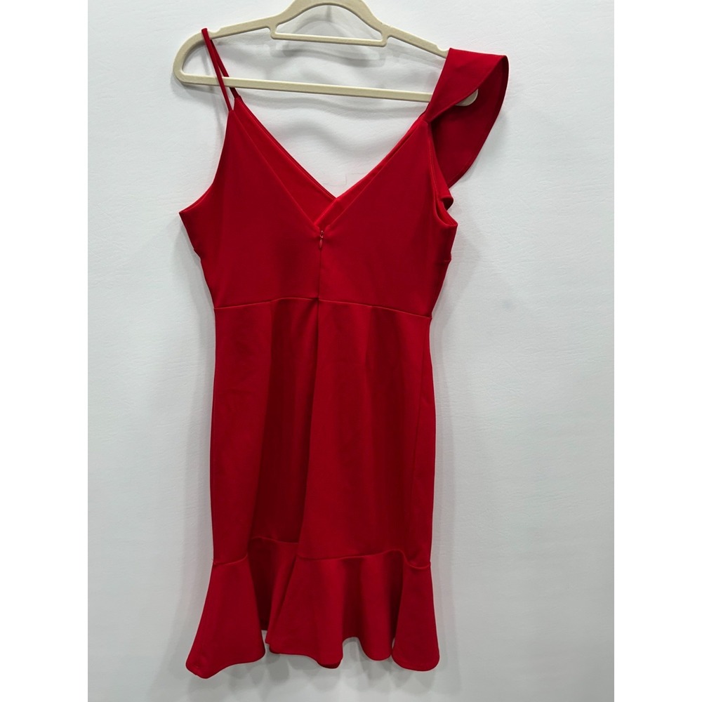 AQUA Ruffle Midi Dress Womens Size Medium Red Asymmetrical Strap Flounce Hem - Picture 7 of 10